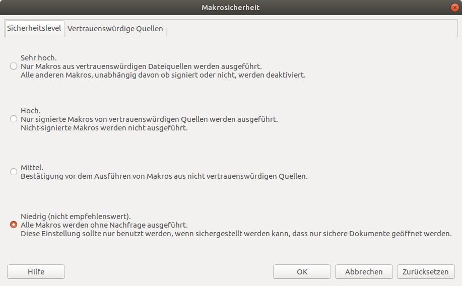 Einstellungen für Makros